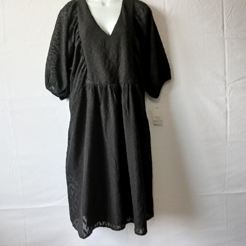 Ophelia Roe Black Midi Dress V-Neck Sz M Whimsical Romantic Dark Party Career